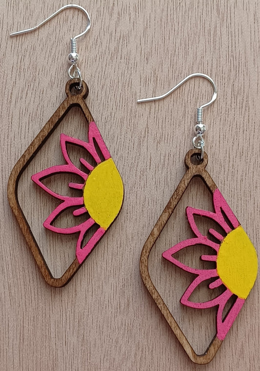 Wooden Hand-Painted Flower Earrings