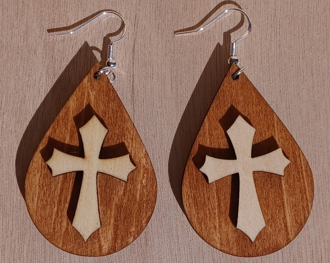 Layered Wooden Cross Earrings