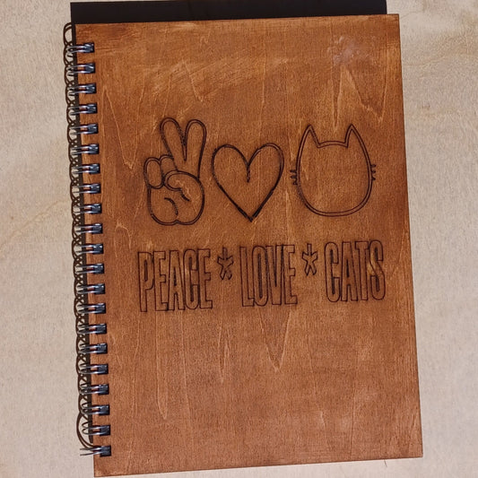 Peace Love Cats Maple Stained Wooden Notebook