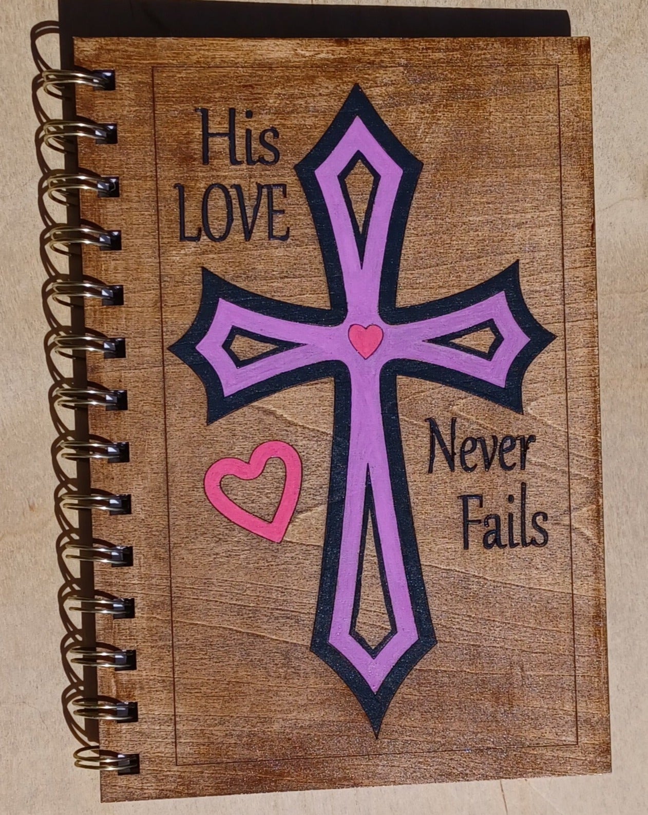 His Love Never Fails Painted Wooden Notebook