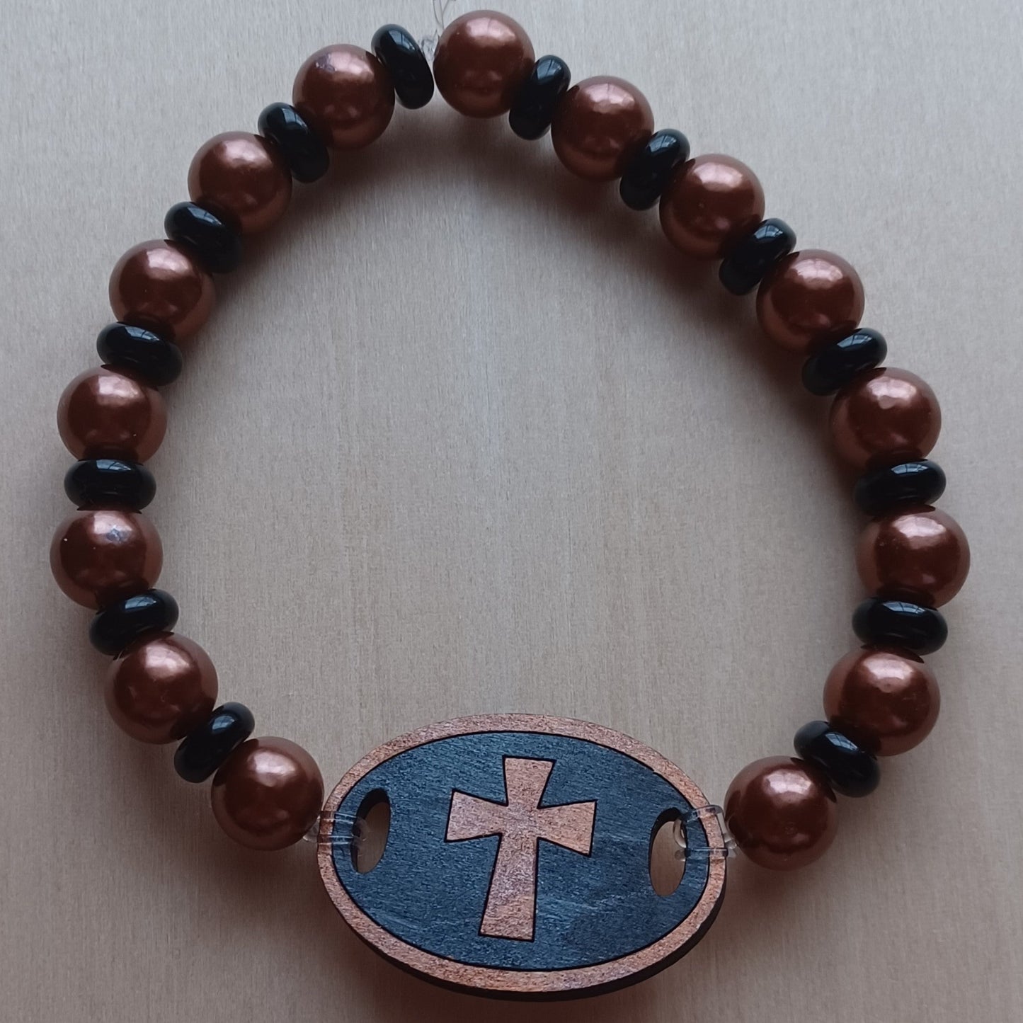 Painted Wooden Cross Charm Beaded Bracelet